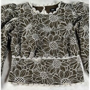 Express Olive Green‎ & White Embroidered Eyelet Back Cutout Cropped Blouse XS